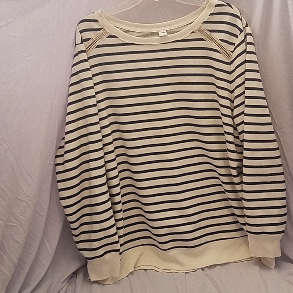 Navy blue and white stripe sweater.